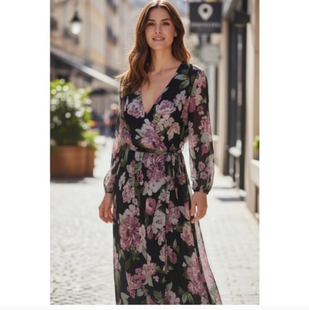 Floral Wrap Maxi Dress - Black with Pink Blooms Alexa 18 W